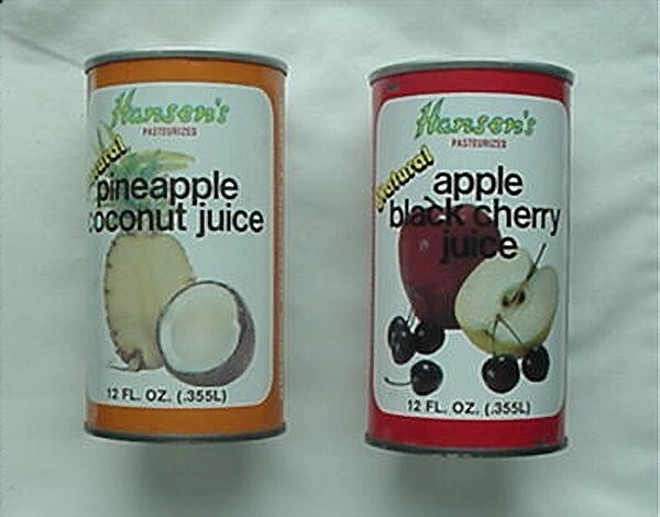 1970s HANSEN JUICE CANS (2) (STEEL TAB-TOP) APPLE BLK CHERRY / PINEAPPLE COCONUT