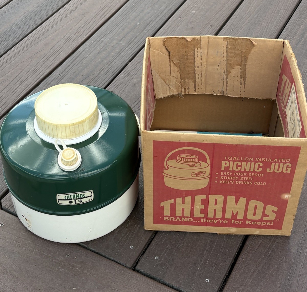 Vintage Metal Thermos 1 Gallon Picnic Jug  Green Pour Spout Original Box Camping
