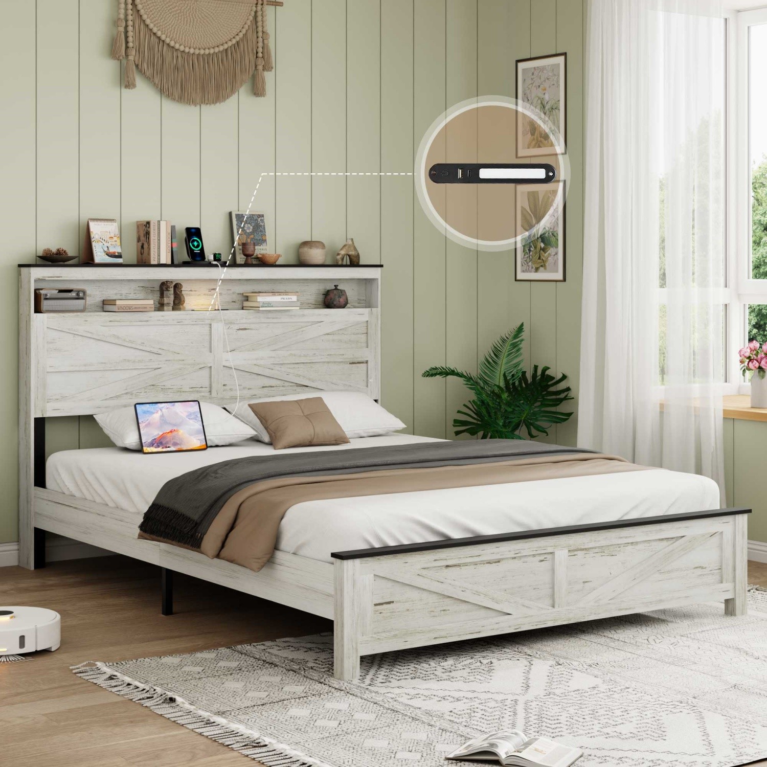 Queen/King Size Platform Bed Frame w/ Storage Headboard & LED Light & USB Ports