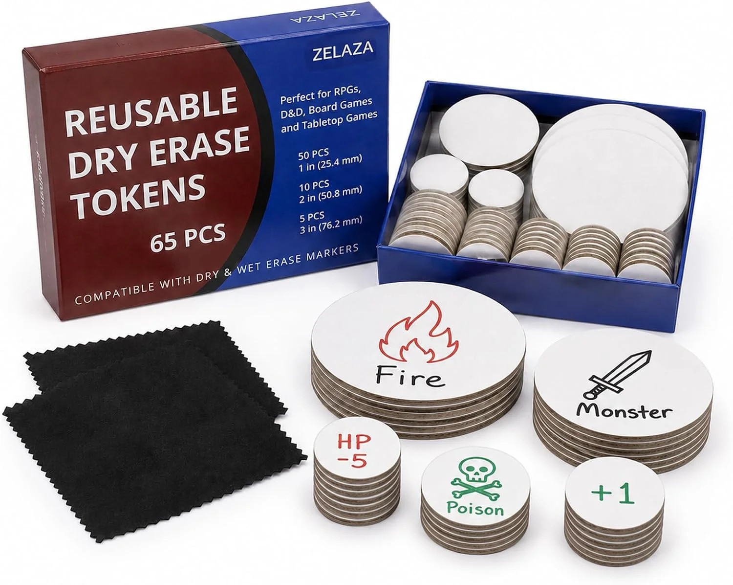 Dry Erase DND Tokens, 65 PCS RPG Set with 2 Erasers, 3 Sizes | Reusable Dry Eras