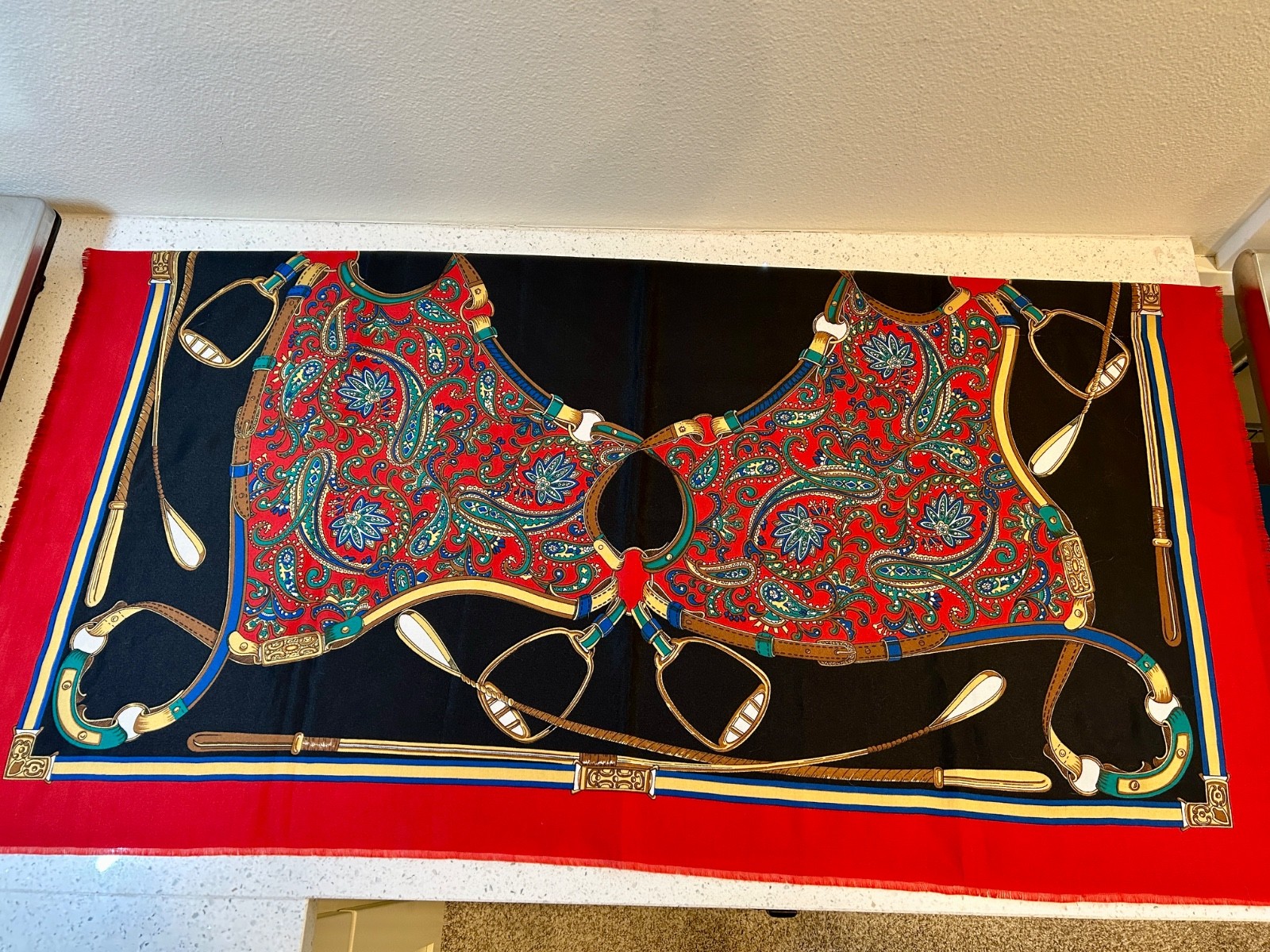 Equestrian Theme - Laura Borghese Multicolor Paisley w/Red Border Square Scarf