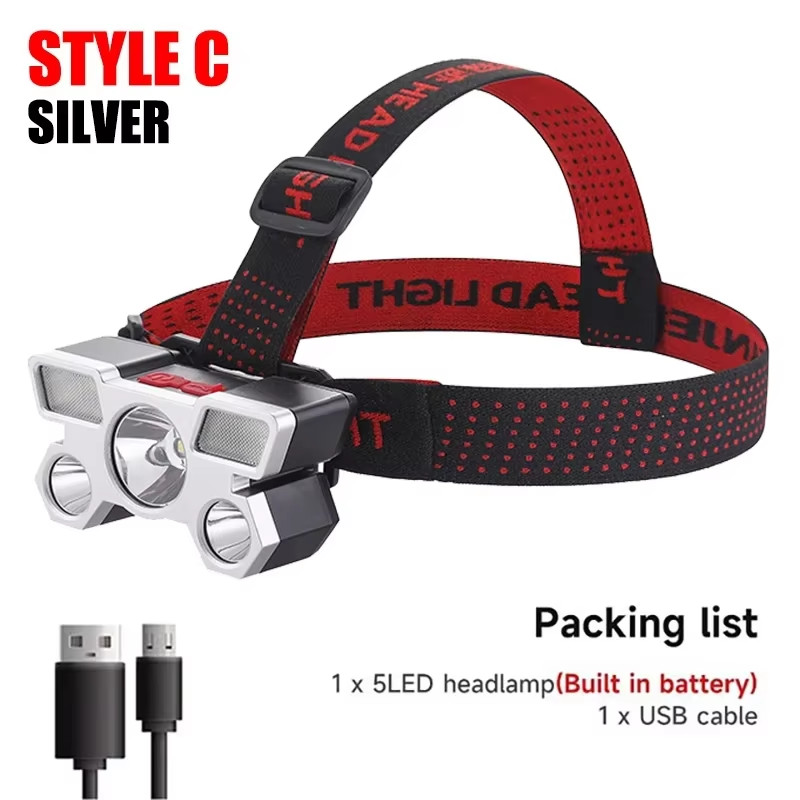 5 LED Flashlight Rechargeable with Built in Lithium Battery Strong Head Light Ca