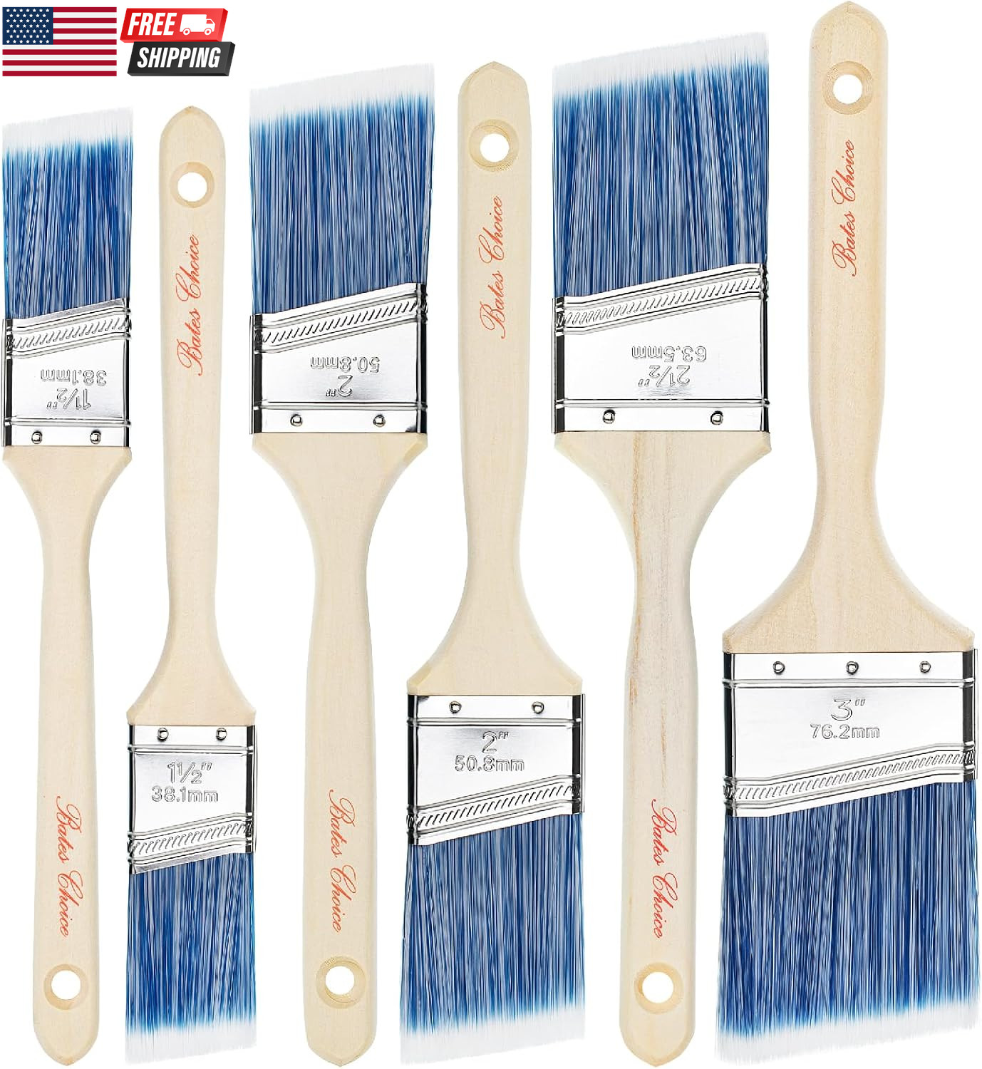Bates- Paint Brushes, 6 Pack, 1.5", 2", 2.5", 3", Treated Wood Handle Brushes fo