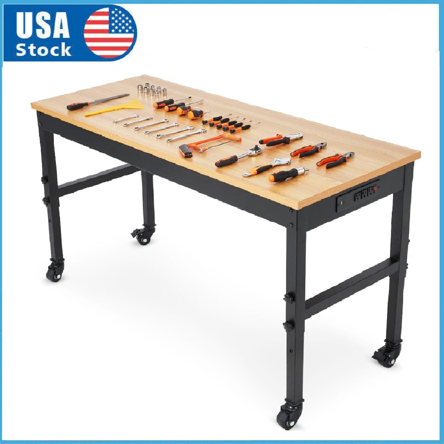 Adjustable Workbench 60"x24" Work Table with Wheels ,2500LBS Load Rubberwood Top