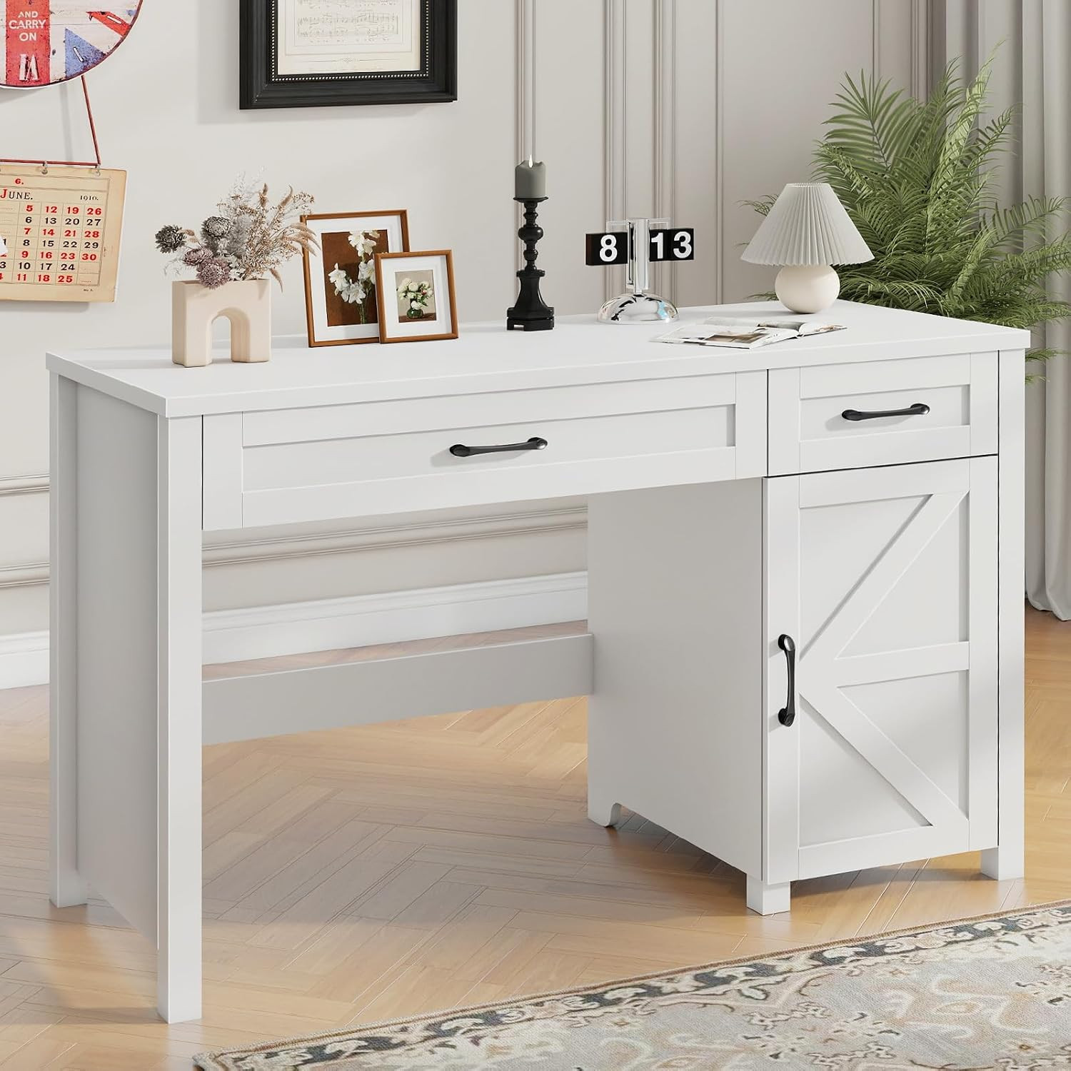 Farmhouse 47" Executive Desk with Storage Cabinet, Cream White | Computer Desk w