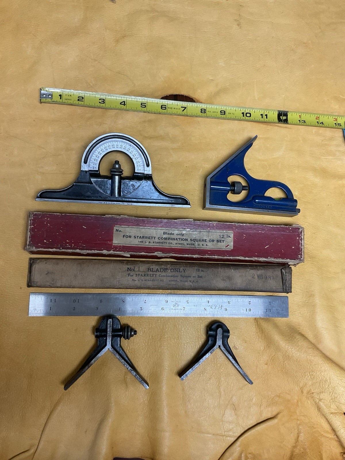 Vintage L.S. Starrett No. 490 Protractor Comb Square Set & 2 Center Heads & Box