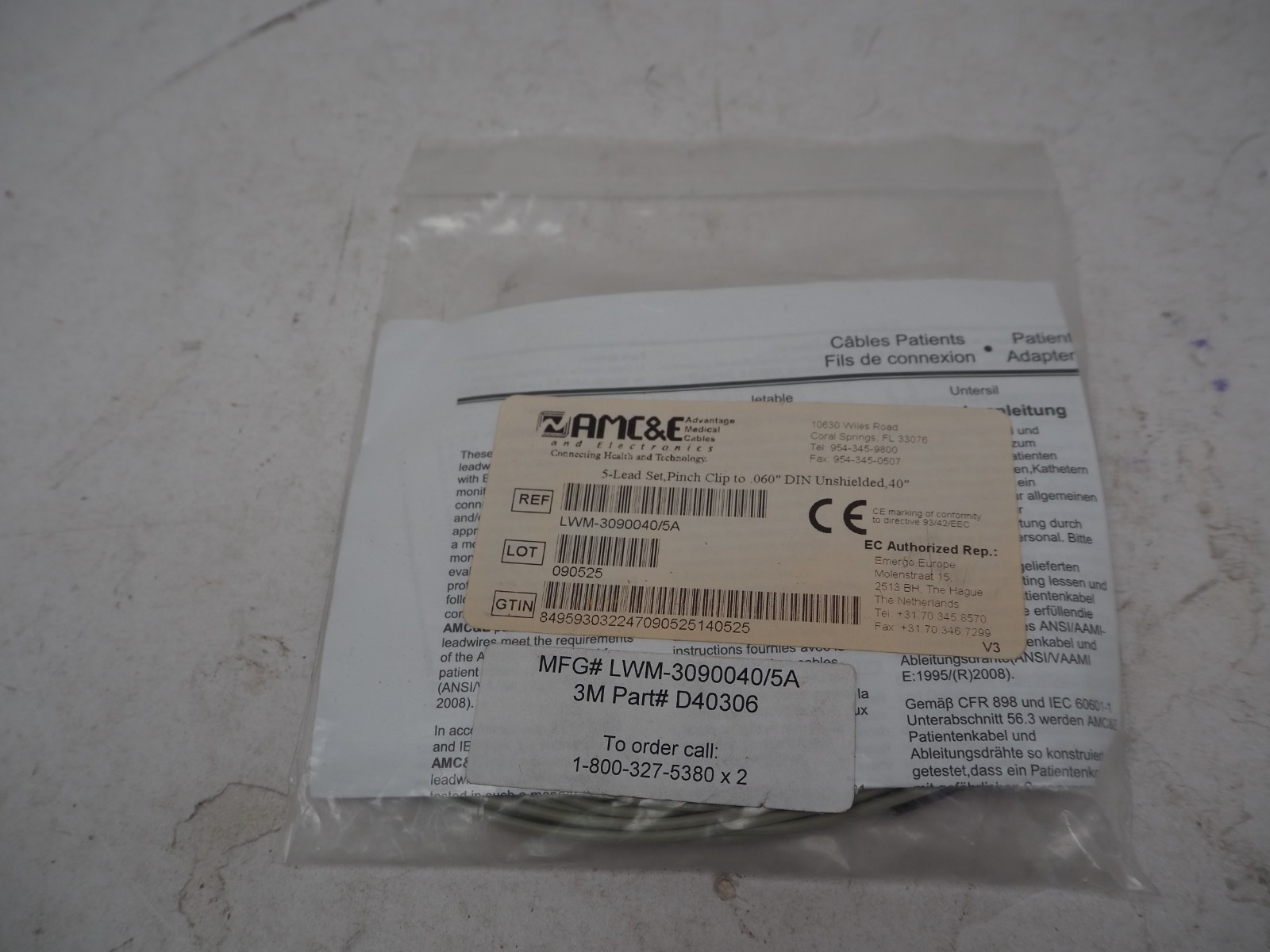 AMC LWM-3090040/5A 5 Lead ECG  EKG Pinch Grabber Wire Set Free Shipping - NEW