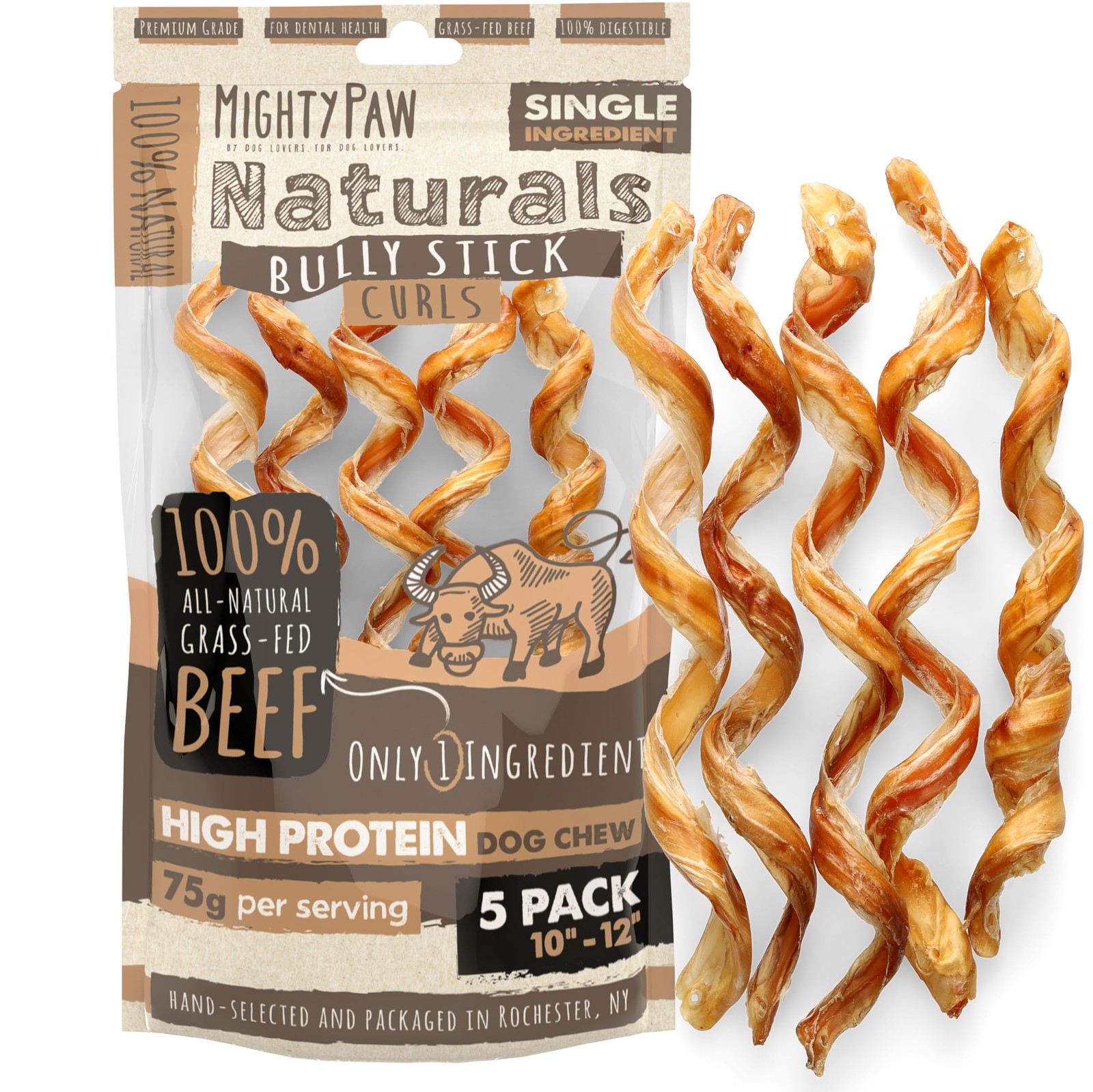 Mighty Paw Naturals Curly Bully Sticks for Dogs - Grass 3.2 Ounce (Pack of 5)