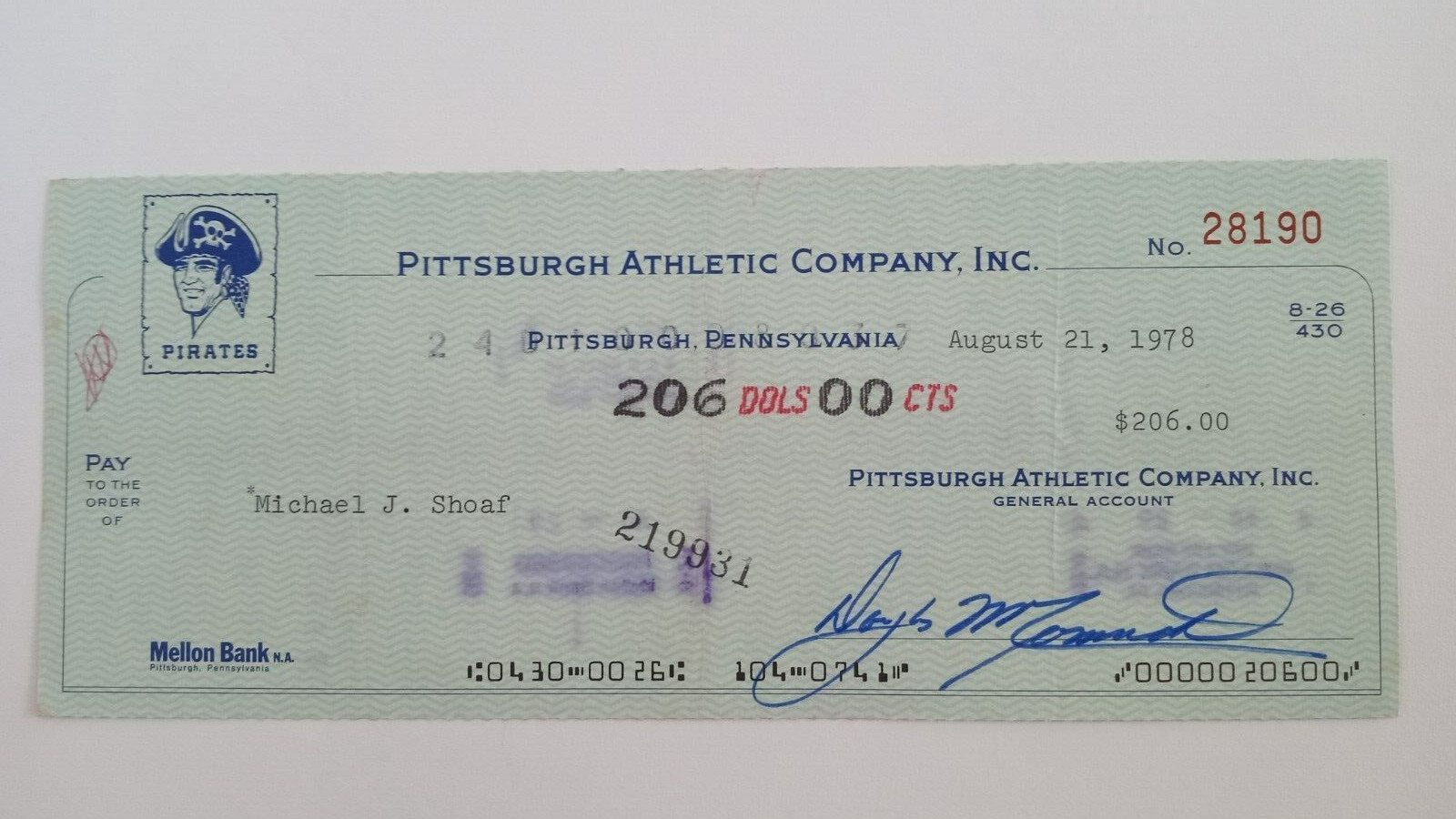 Michael J. Shoaf: 1978 Pittsburgh Pirates Expense Check