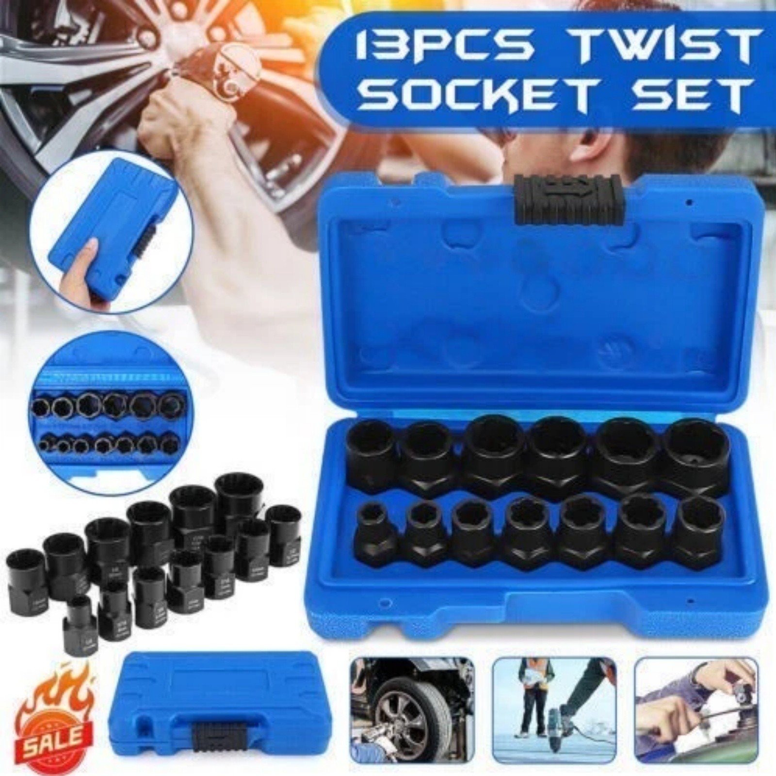 13pcs Bolt Extractor Damaged Lug Nut Remover Twist Socket Extractor Tool 8-19mm