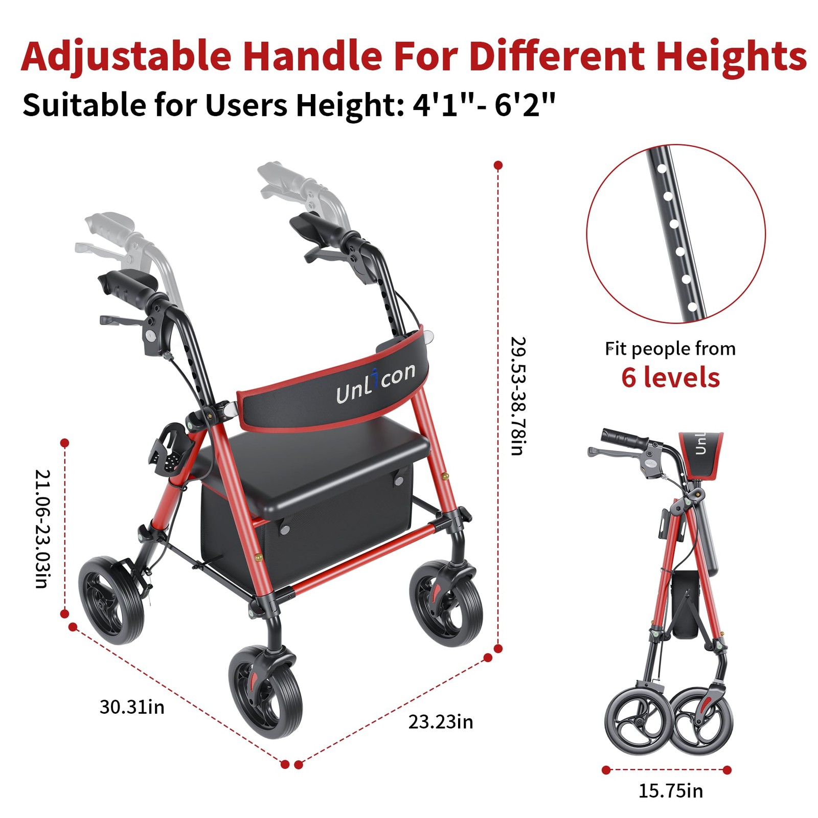 UNLICON Rollator Walkers with Seat, Walker 350 Pound, Red