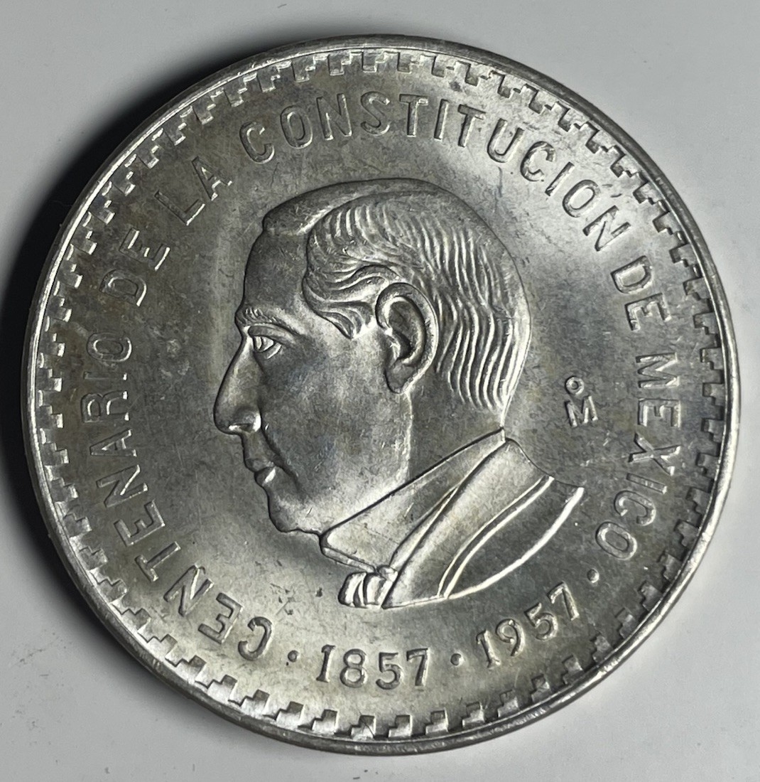 1957 Mexico 10 Pesos .900 Fine Silver 100 Anniversary Of Constitution