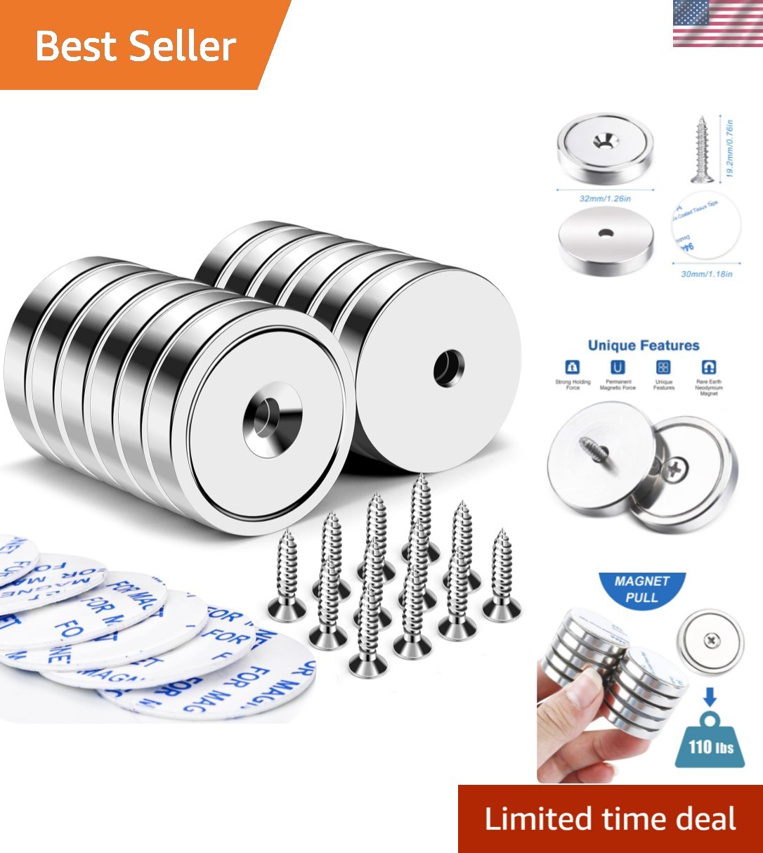 Neodymium Cup Magnets, 110lb+ Strong, Heavy Duty, Rare Earth, Round Base, Pac...