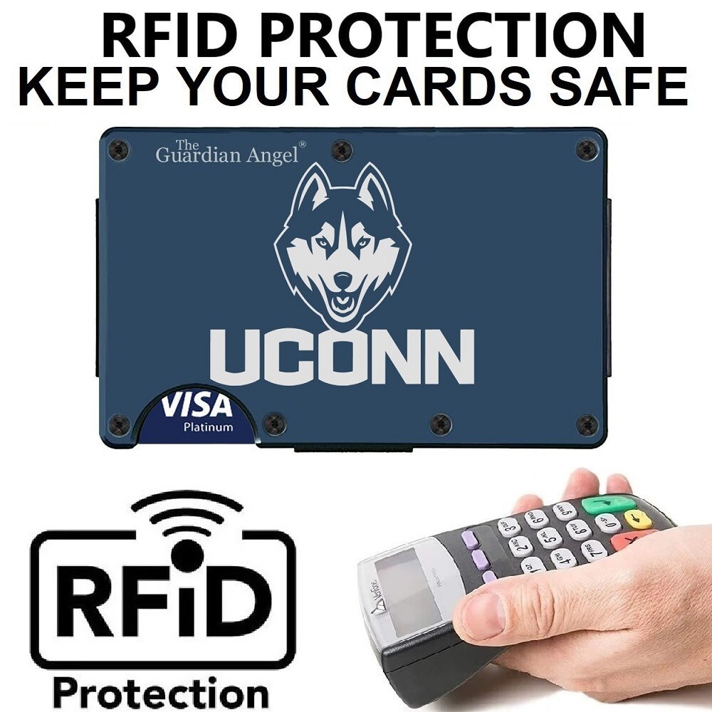 UConn Huskies Engraved Titanium Blue RFID Blocking Wallet w Clip D7