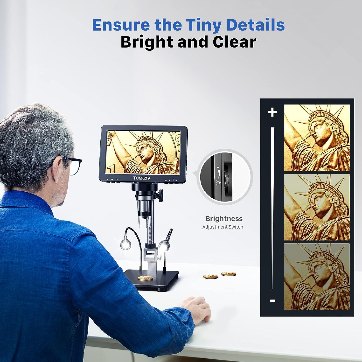 TOMLOV DM9 Pro 7" HDMI Digital Microscope 1200X with IPS Screen Coin Microscope