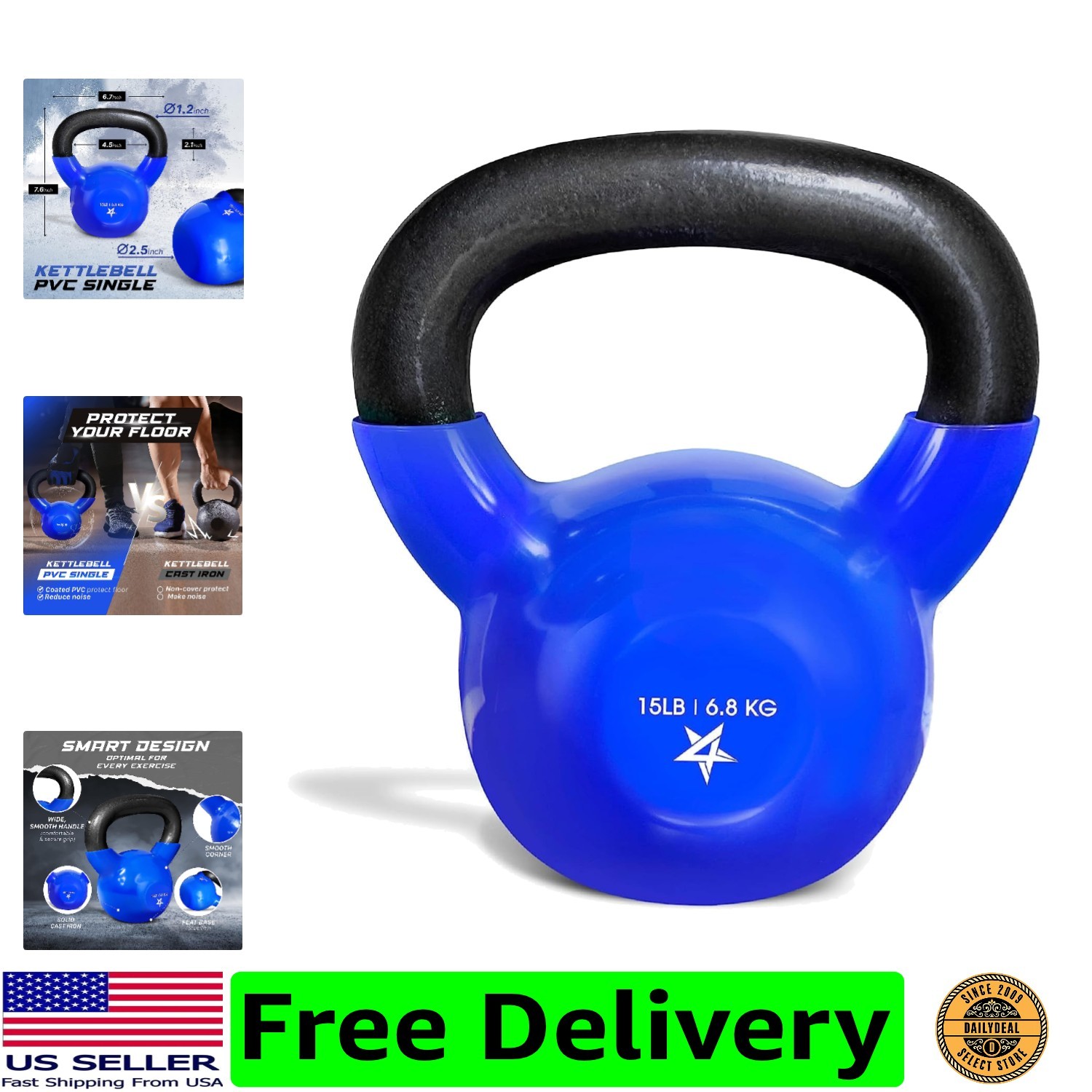 Kettlebell, 5-100 LB Vinyl Coated Cast Iron Strength Training Kettlebells for...