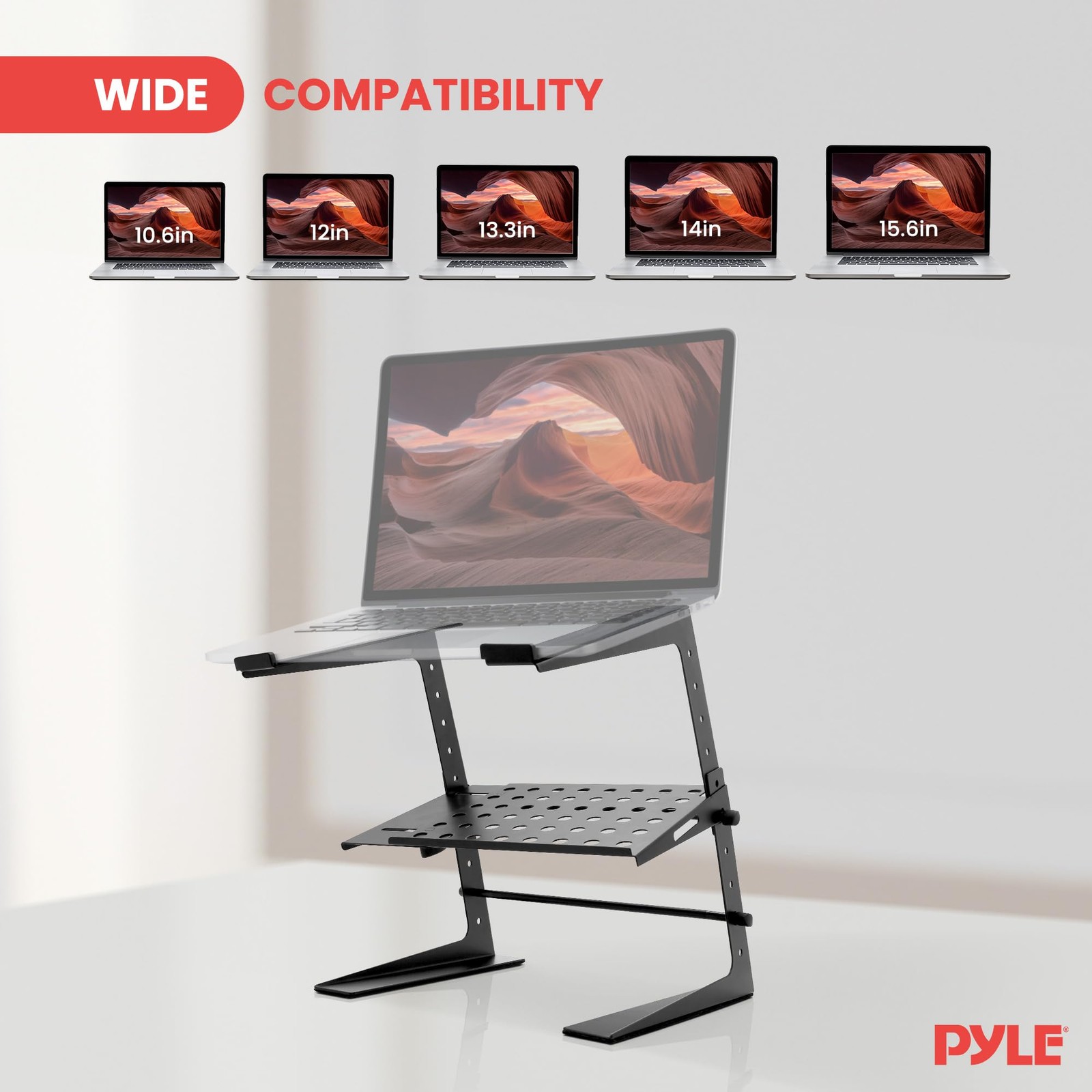 Pyle DJ Laptop Stand with Storage Shelf, Portable Adjustable Computer Black