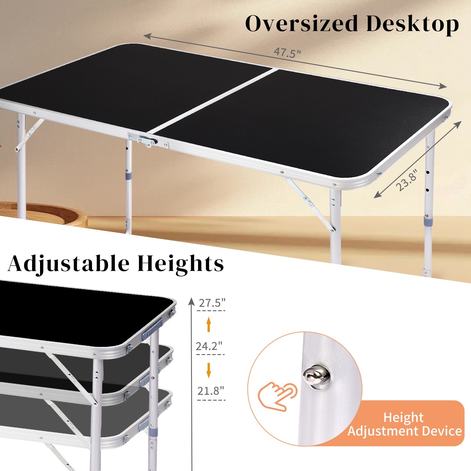 Folding Camping Table 4ft - Adjustable Patio Aluminum Frame Outdoor Picnic Black