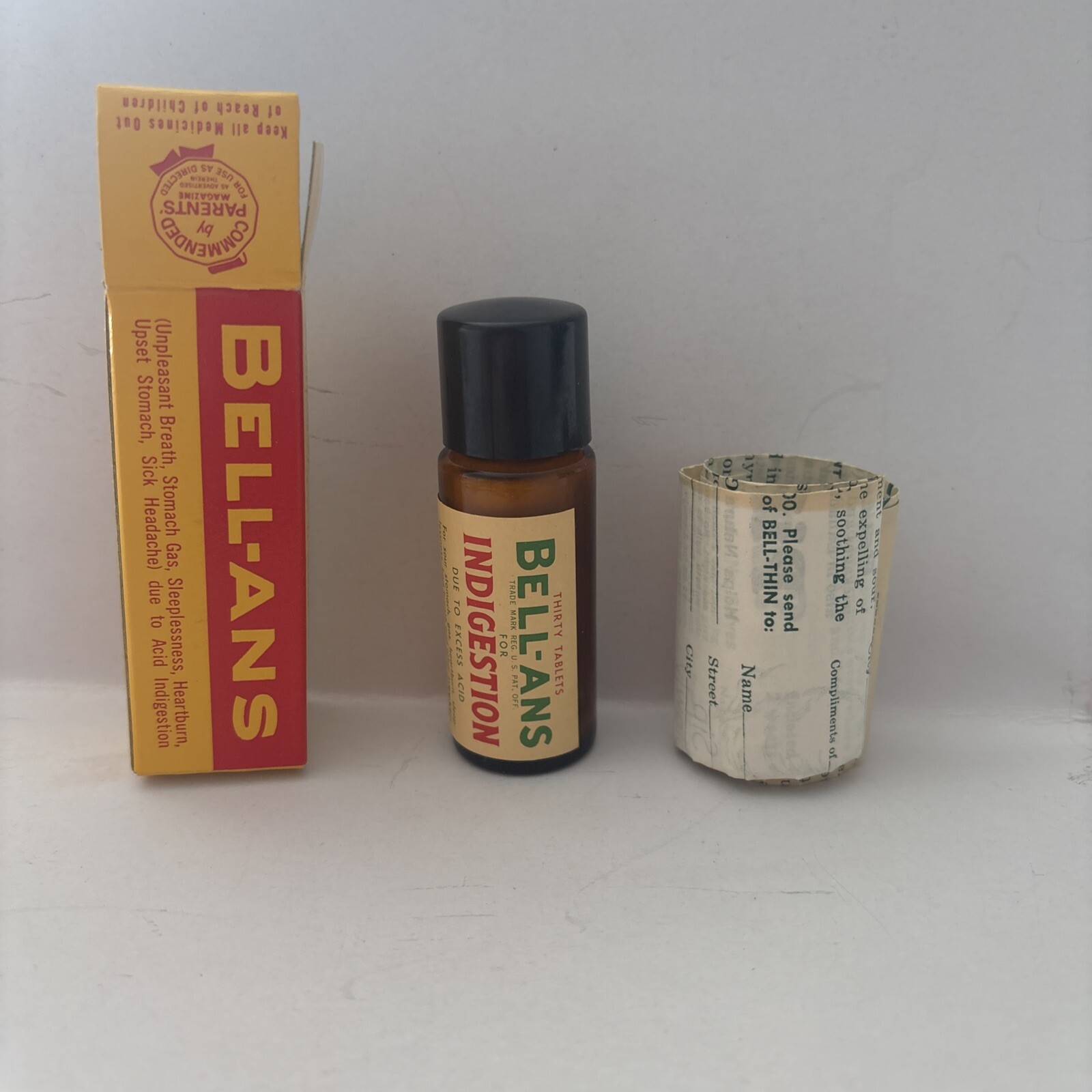 Vtg NOS Mint Unused Bell-Ans Indigestion Pills Bottle, Box & Paperwork Pre 60’s