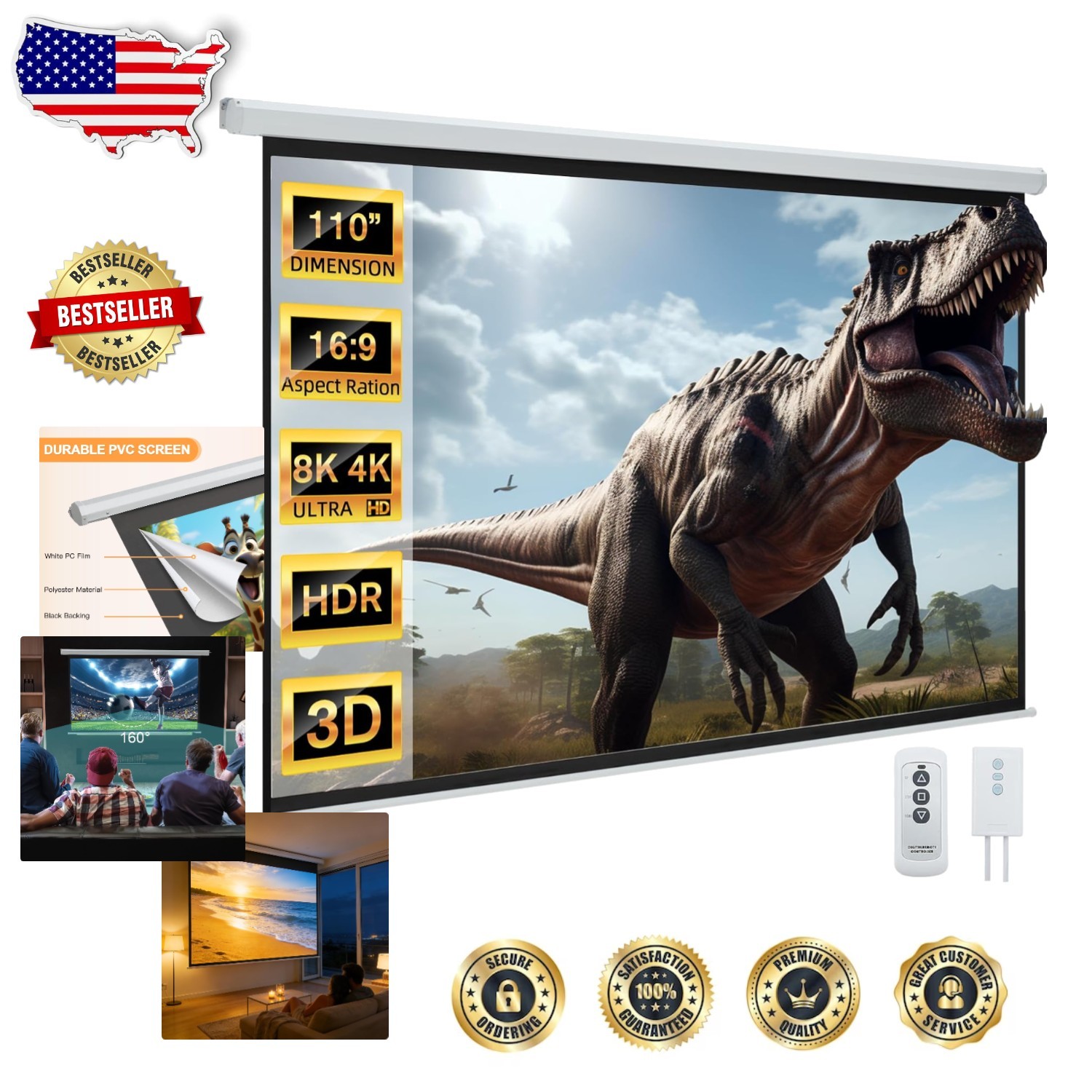 Motorized Projector Screen 110" 4K HD 160° View 3-Layer PVC Matte Retractable