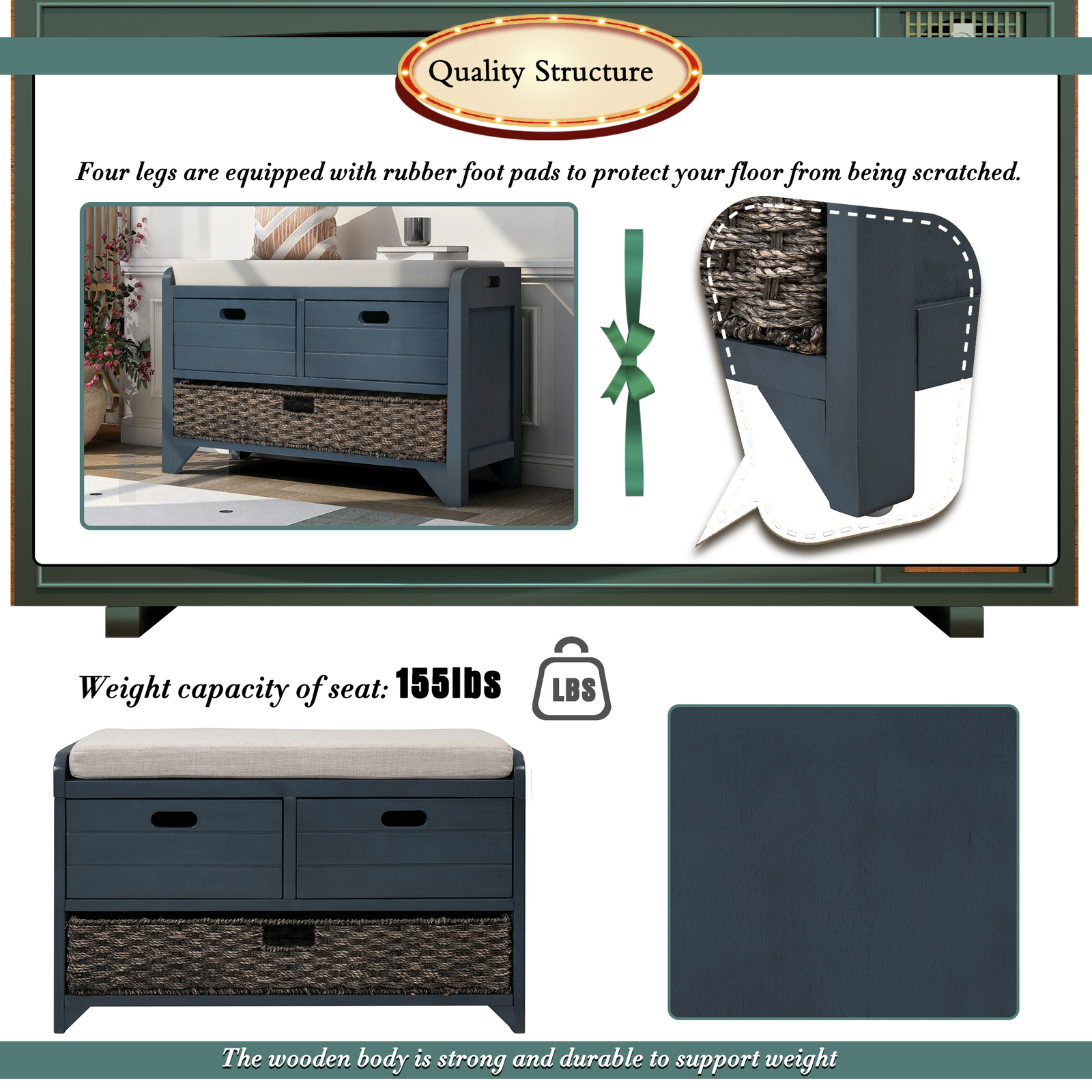 Home Storage Bench with Removable Basket & 2 Drawers, Fully Assembled Shoe Bench