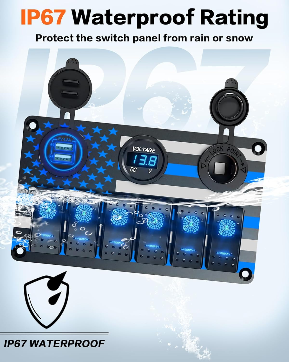 6 Gang Switch Panel Waterproof Rocker Switch Panel Aluminum American Flag Design