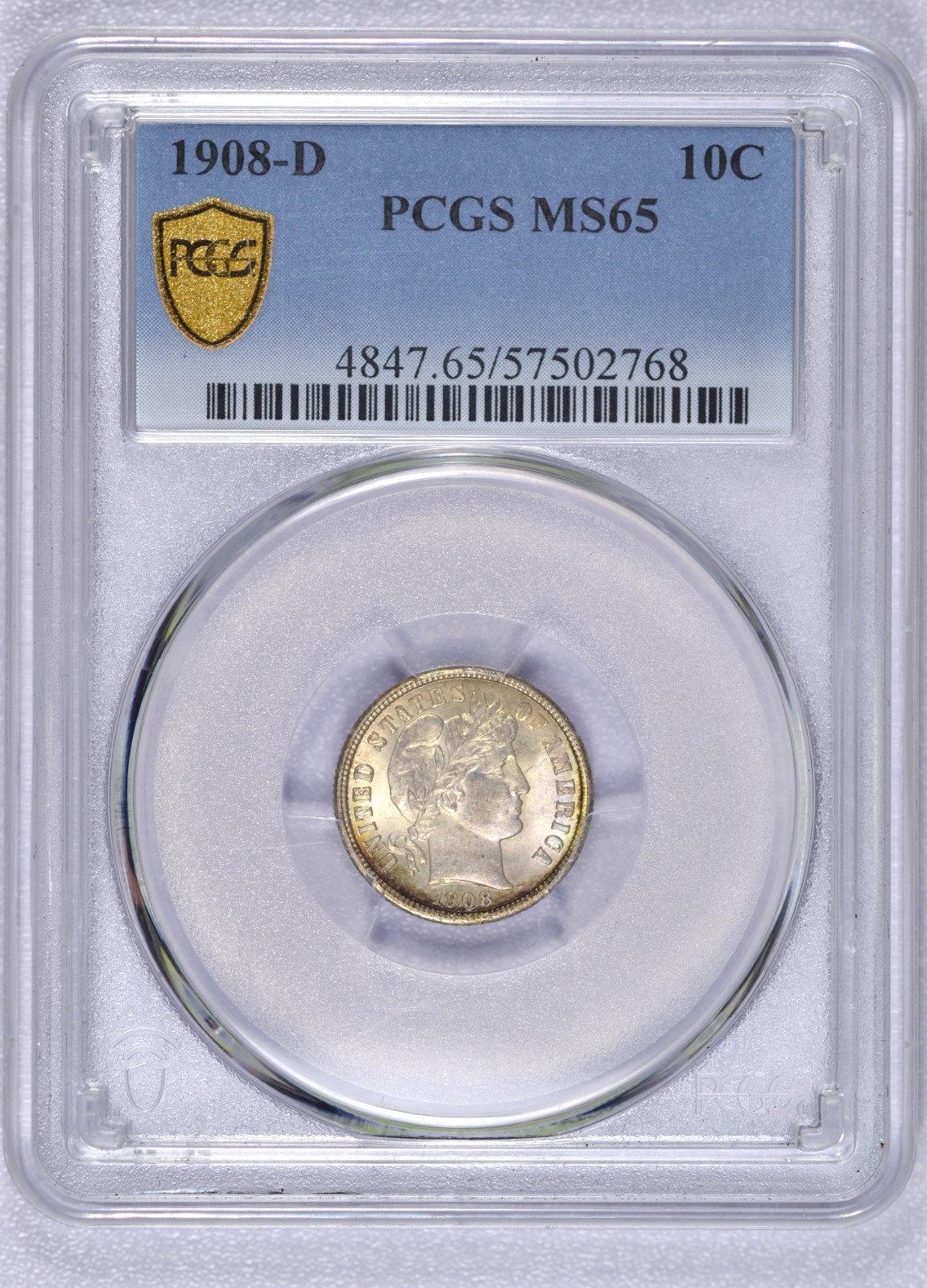 1908-D BARBER DIME PCGS MS65 GEM BU LUSTROUS TYPE
