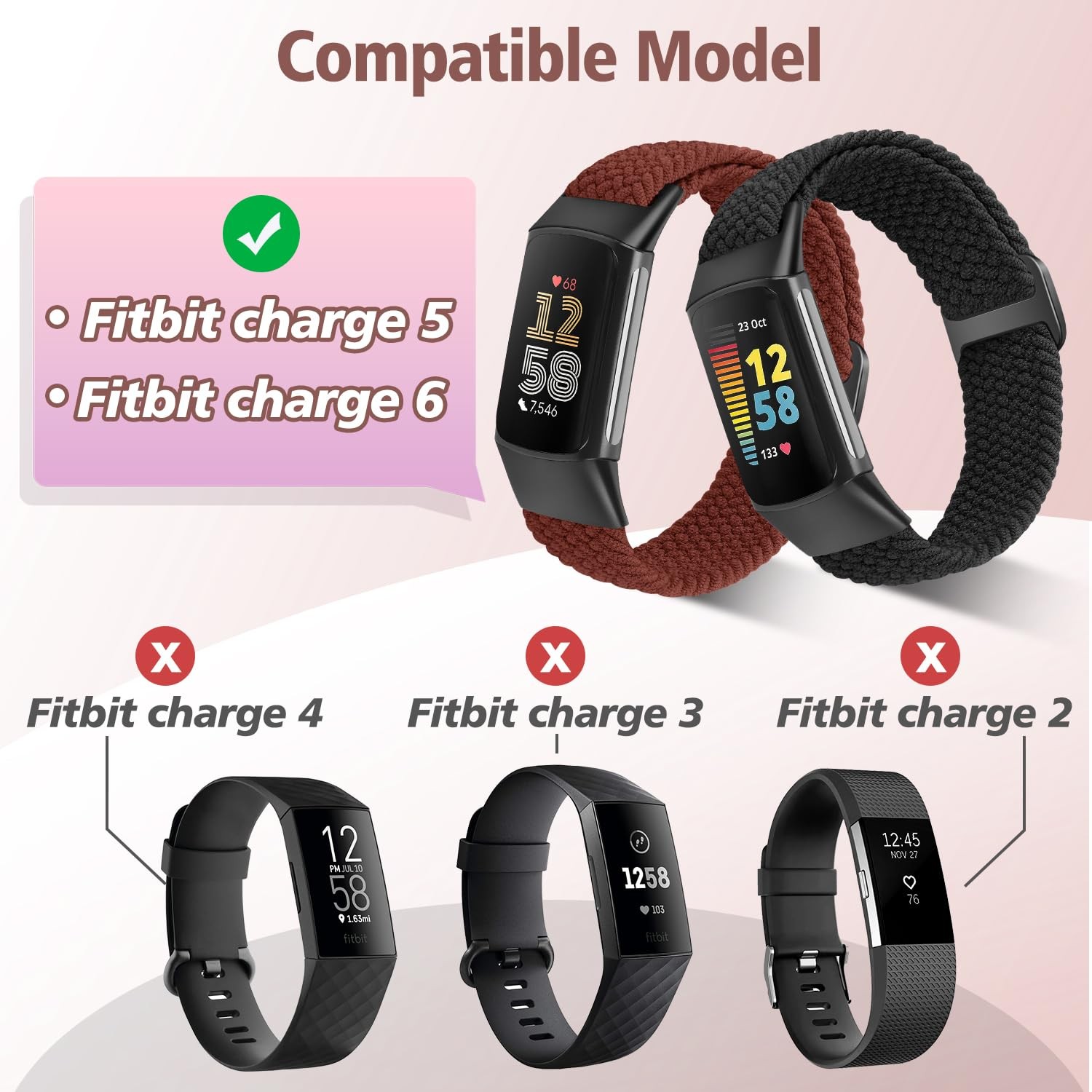 VNDAPT Elastic Braided Bands Compatible with Fitbit Charge 5/Fitbit Charge 6 ...