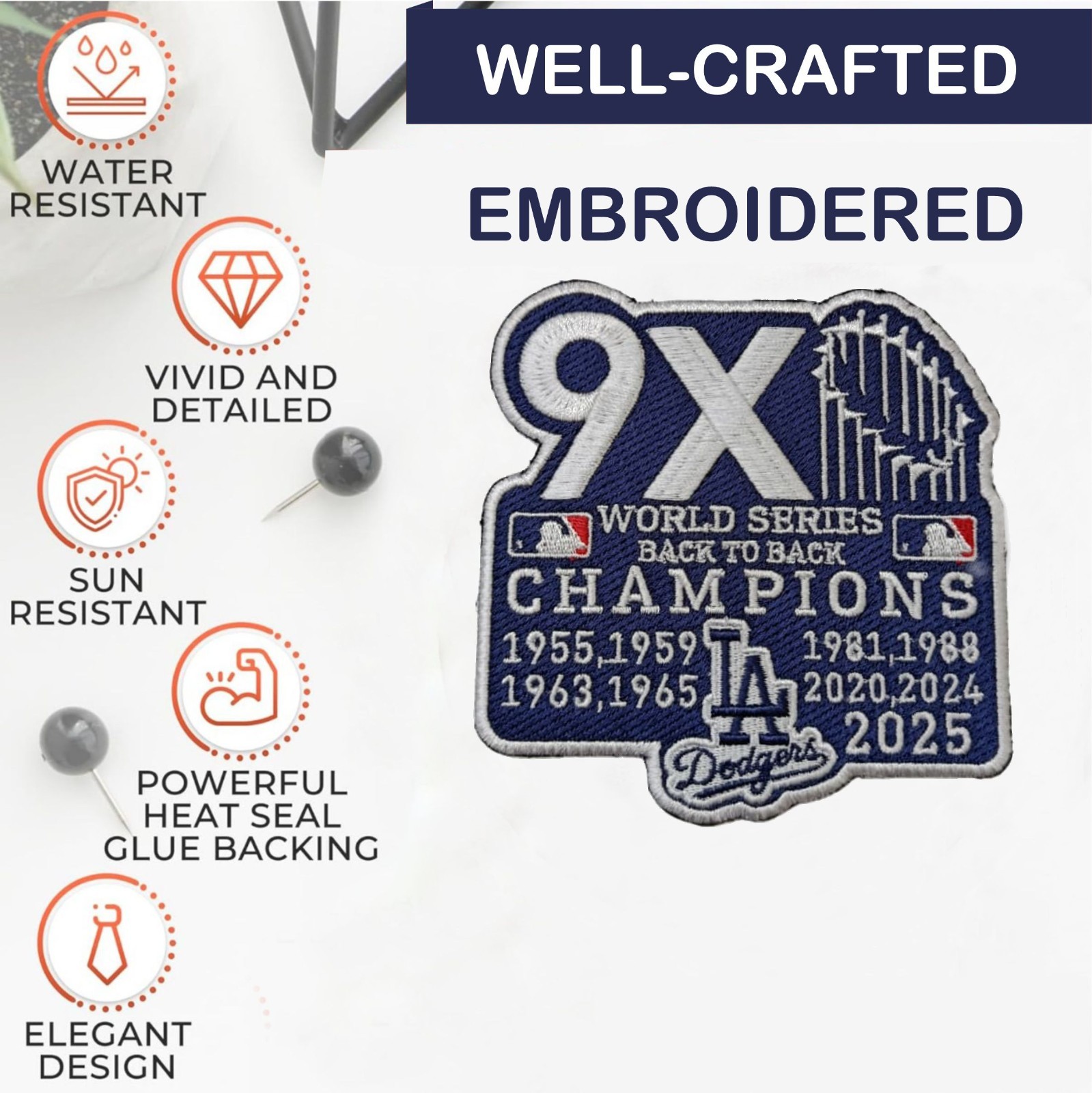 Dodgers 9x World Series Back to Back Champions Iron On Patch - Sew Patch