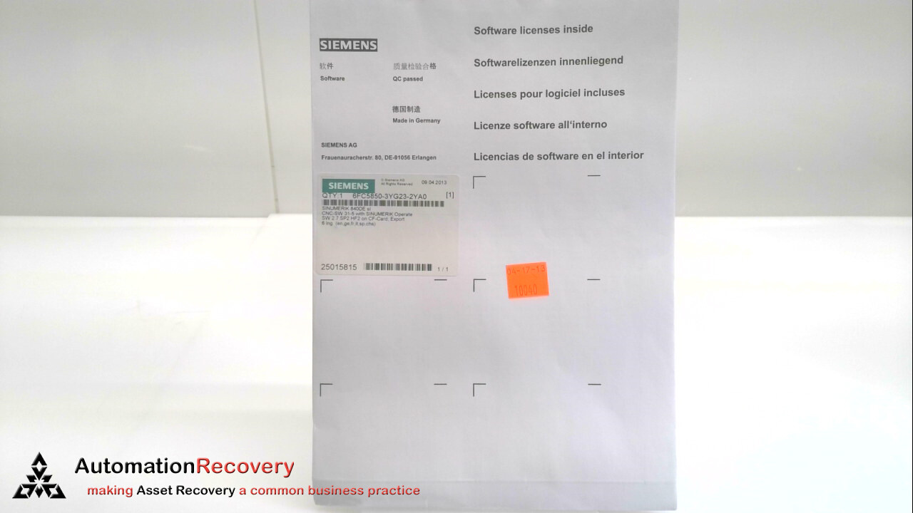 SIEMENS 6FC5850-3YG23-2YA0, SINUMERIK 840DE SL CNC-SOFTWARE W/LICENSE, N #271373