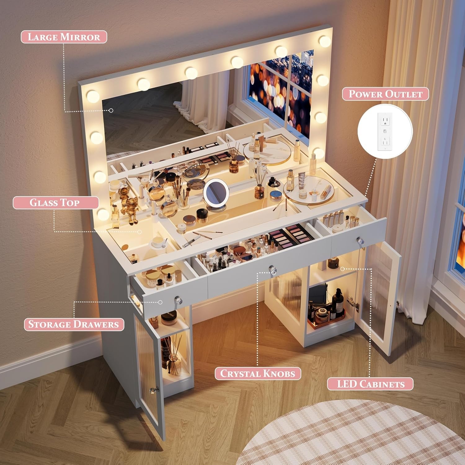 Vanity Desk with Large Mirror and Lights Glass Top Makeup Vanity with Lights
