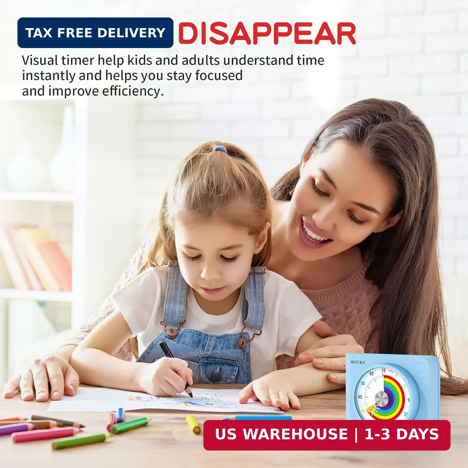 Secura 60 Minute Visual Timer for Kids, Countdown Timer for Time Management | Si