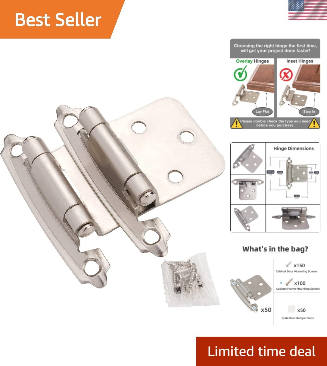 Self-Closing Brushed Nickel Cabinet Hinges - 50 Pcs for Easy Installations