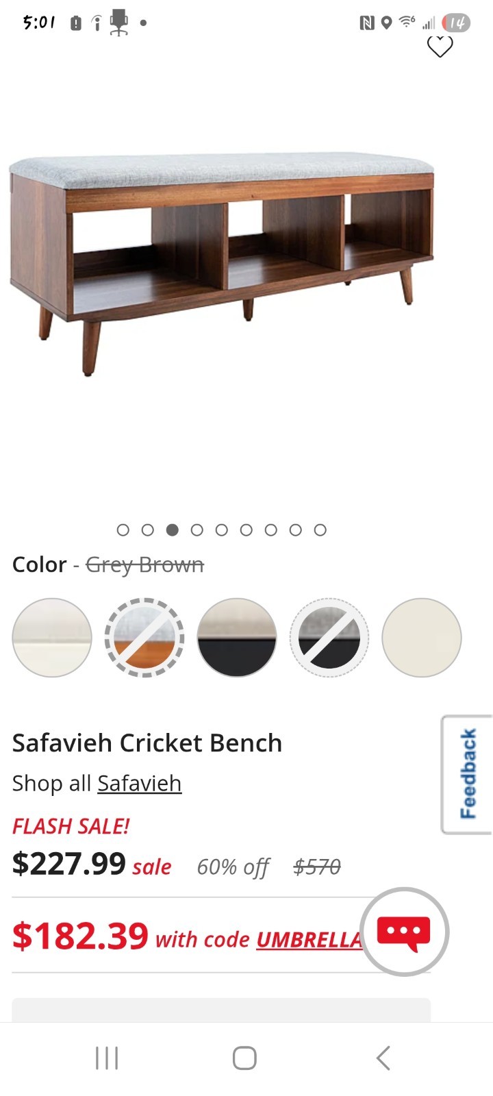 Safavieh Cricket Wood Storage Bench w/ Shelves, Gray Cushion, Brown/Gray