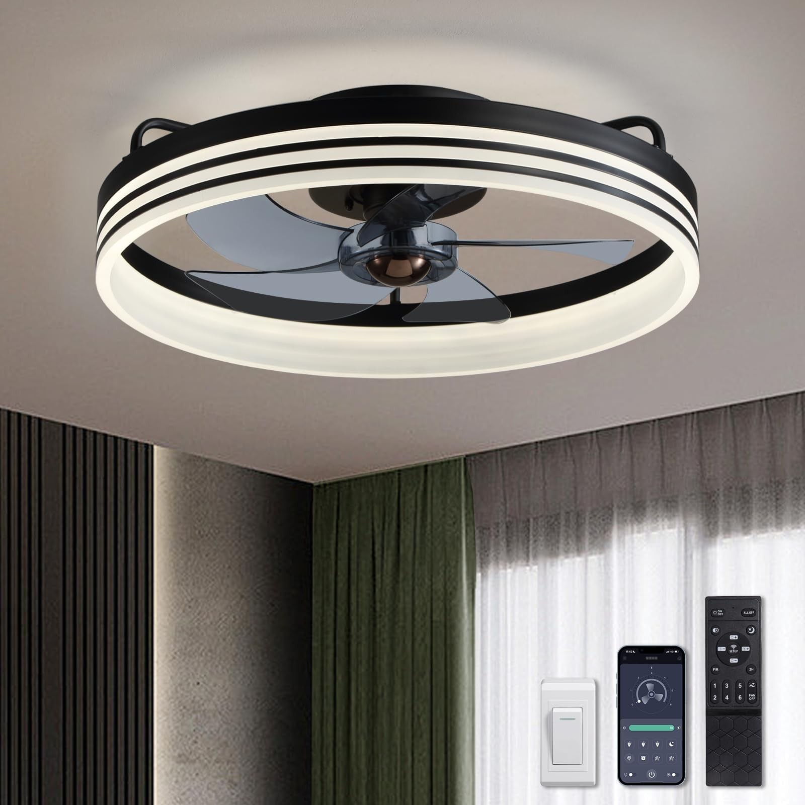 Ceiling Fan with Light, Flush Mounted Ceiling Fan with Lights, 6 Wind Speeds ...