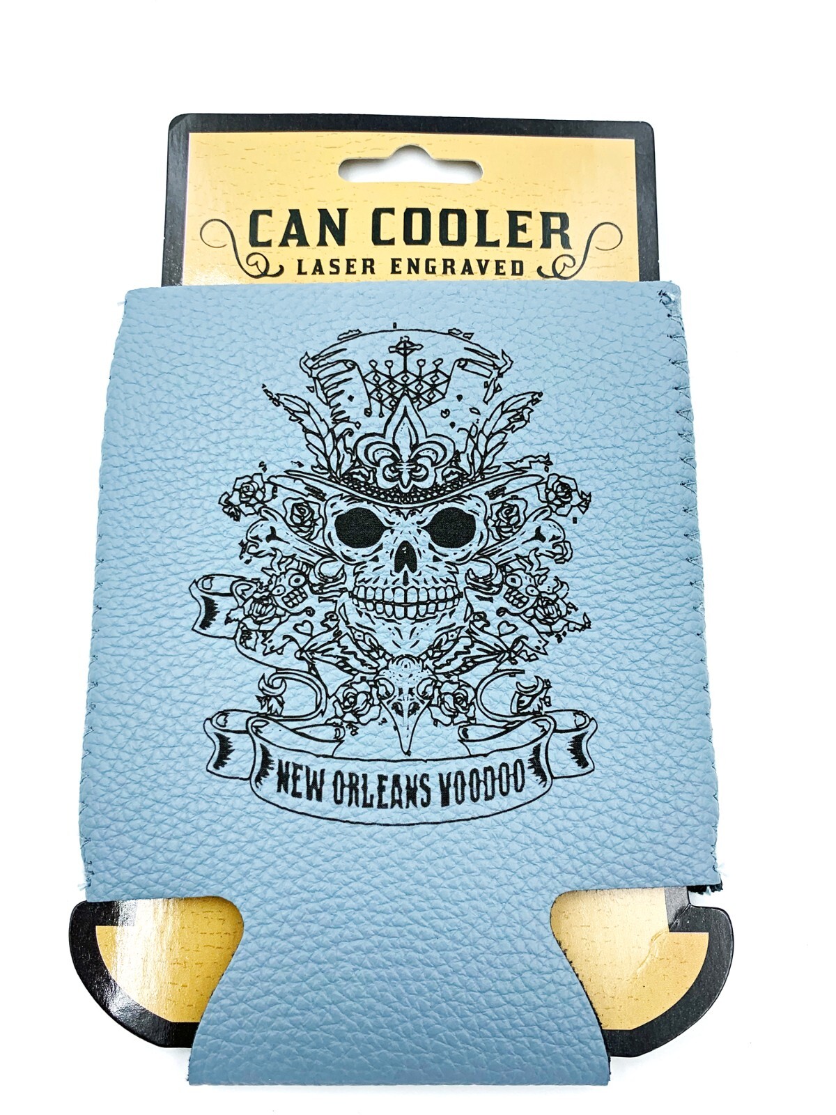 Voodoo Skull Leather Engraved Can Cooler New Orleans Souvenir Gray