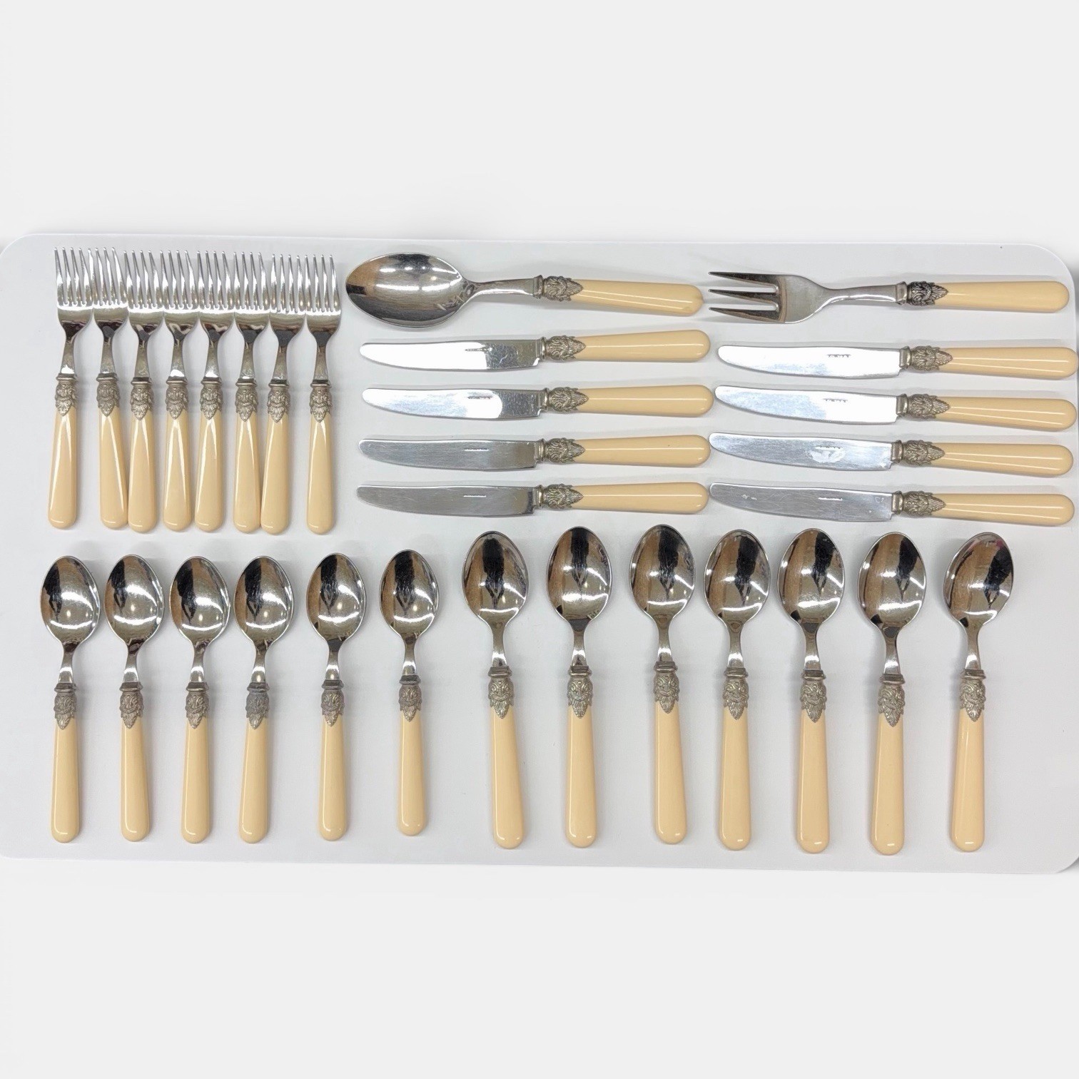 INOX 18/10 Italy Faux Ivory Handle Flatware Lot 31pc Knives Forks Spoons Vintage