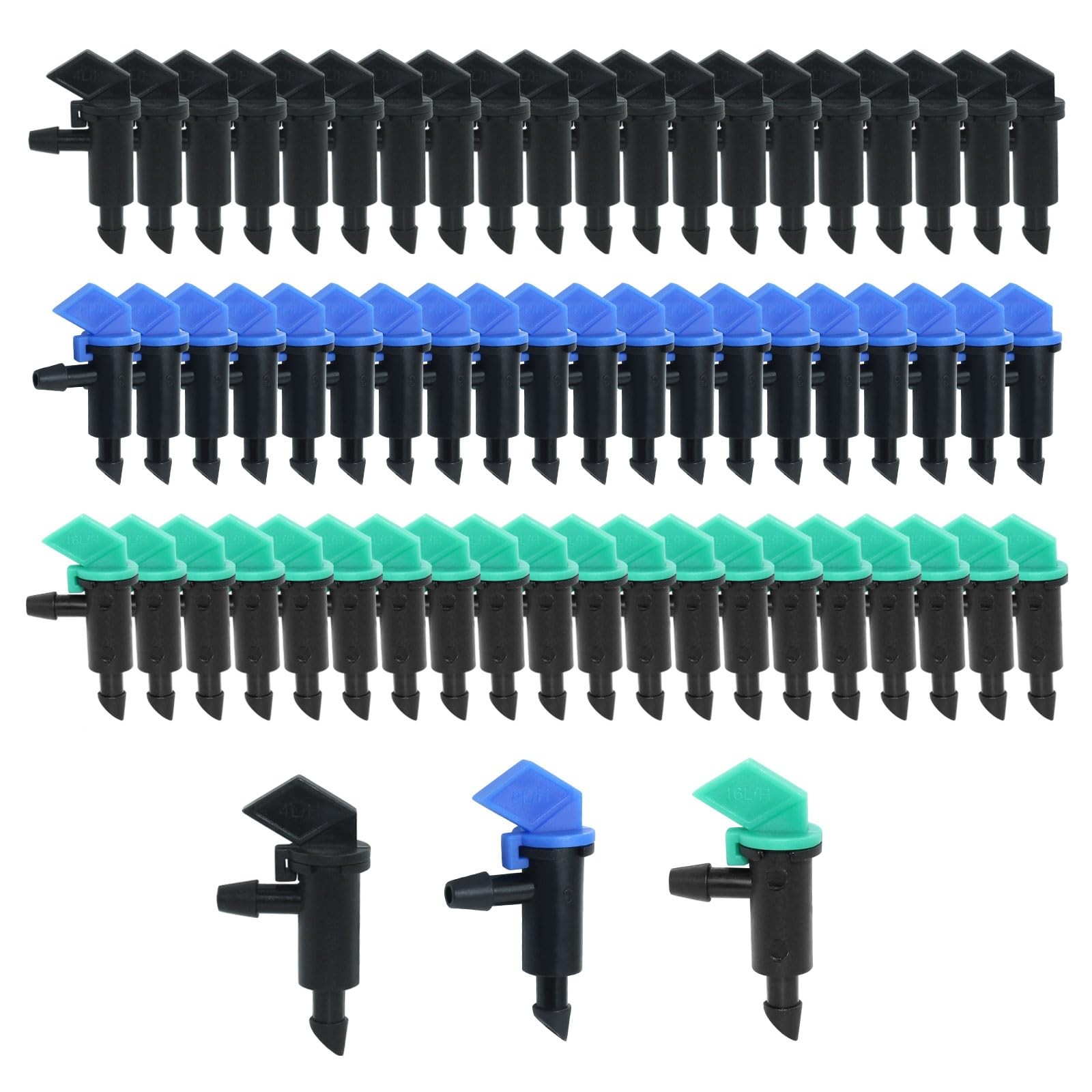 60 Pieces Drip Emitter, Garden Flag Irrigation Dripper 3 Sizes 1 GPH, 2 GPH 4 GP