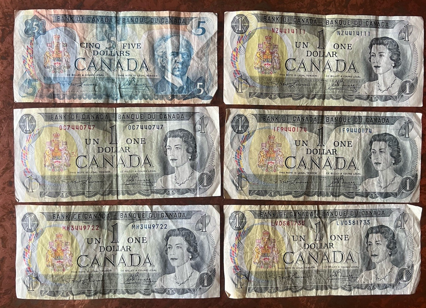 Lot Of 5 1973 Canadian 1 Dollar Bills & 1 1979 5 Dollar Bill Circulated