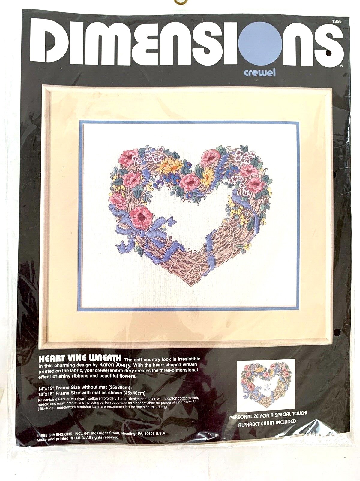 Dimensions Crewel Heart Vine Wreath #1356 Blue Ribbons  Pink Flowers Personalize