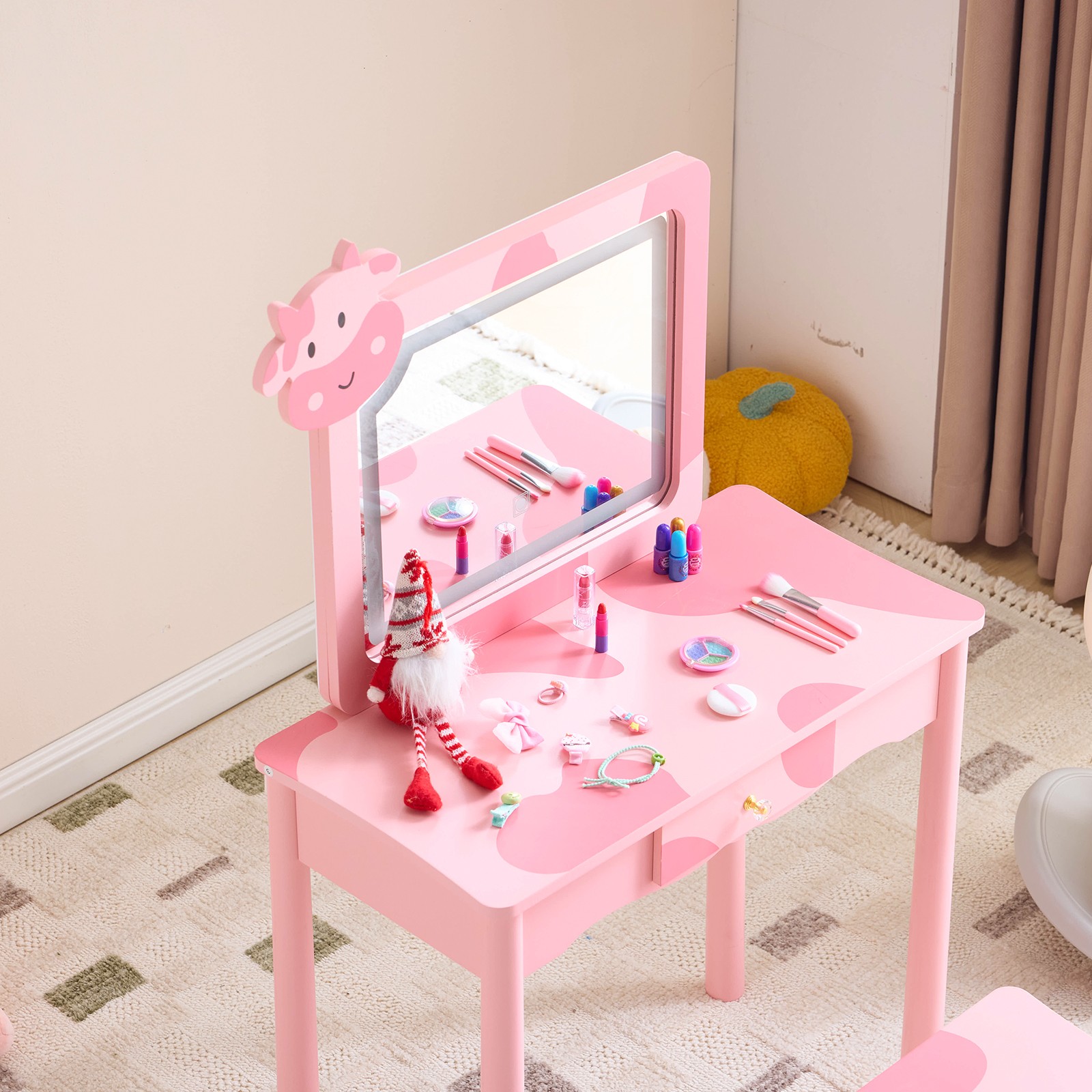 Pink Zebra Pattern Makeup Table with Solid Wood Base - Statement Dressing Statio