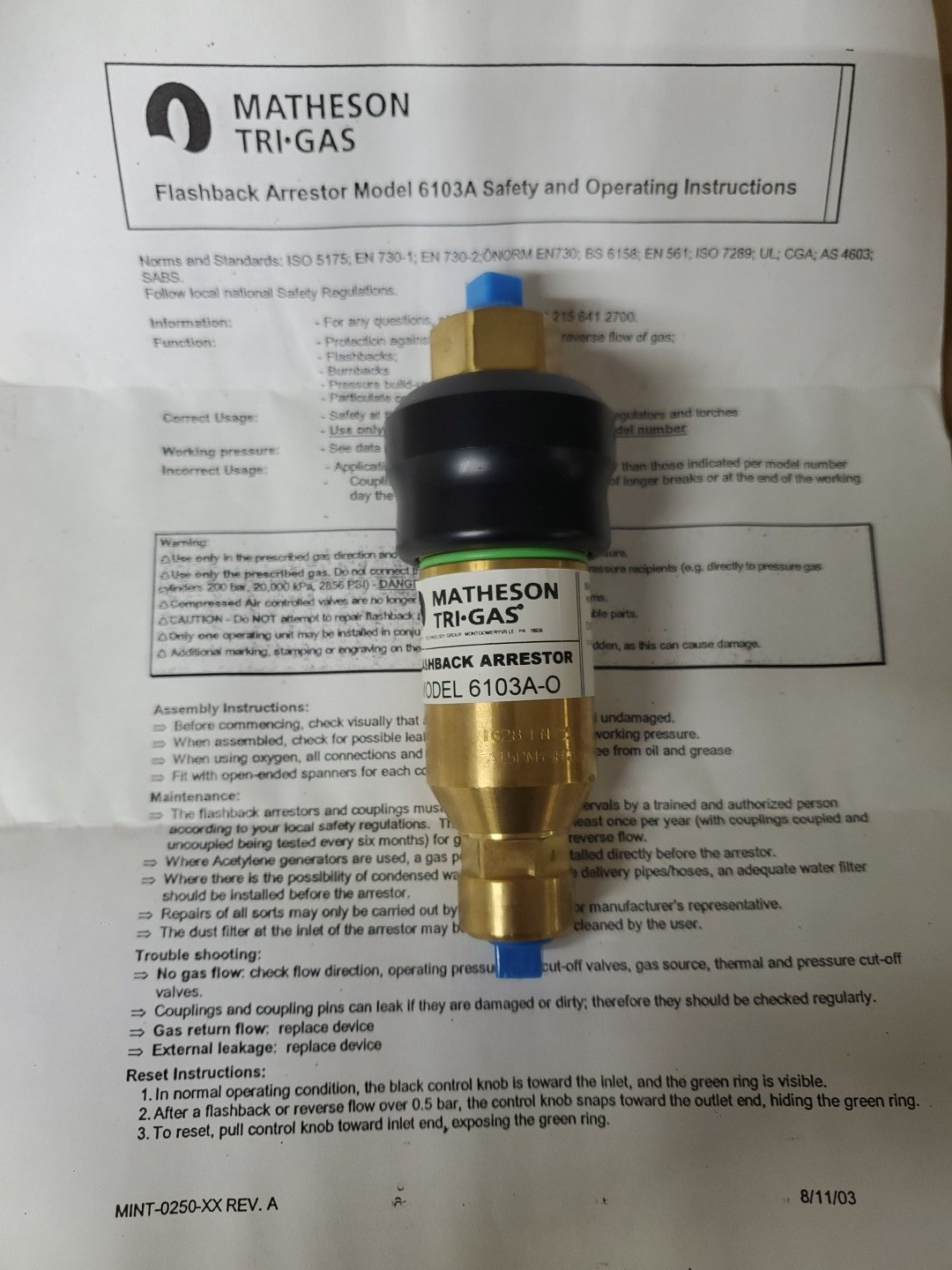 Matheson 6103A-O Brash Flashback Flash Arrestor - Oxidizer Gas