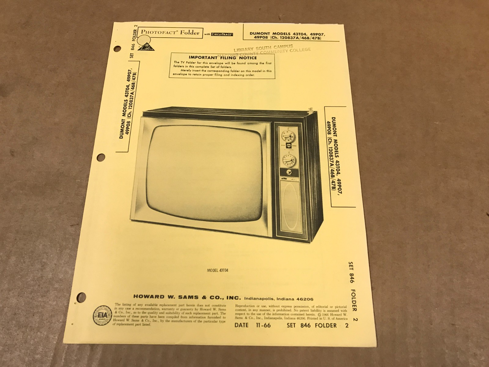 Vintage Photofact Folder - 846-2- Dumont TV Models 43T04/49P07/49P08