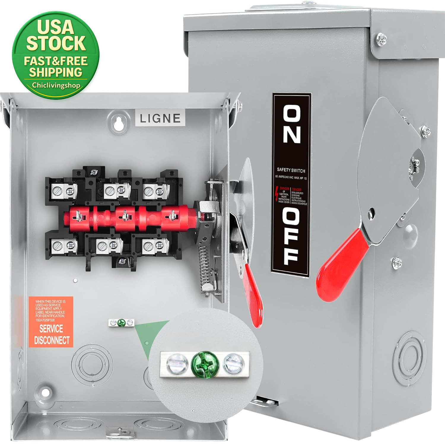 3P 60 Amp Disconnect Switch Non-Fuse NEMA 3R Heavy Duty Steel Indoor Outdoor