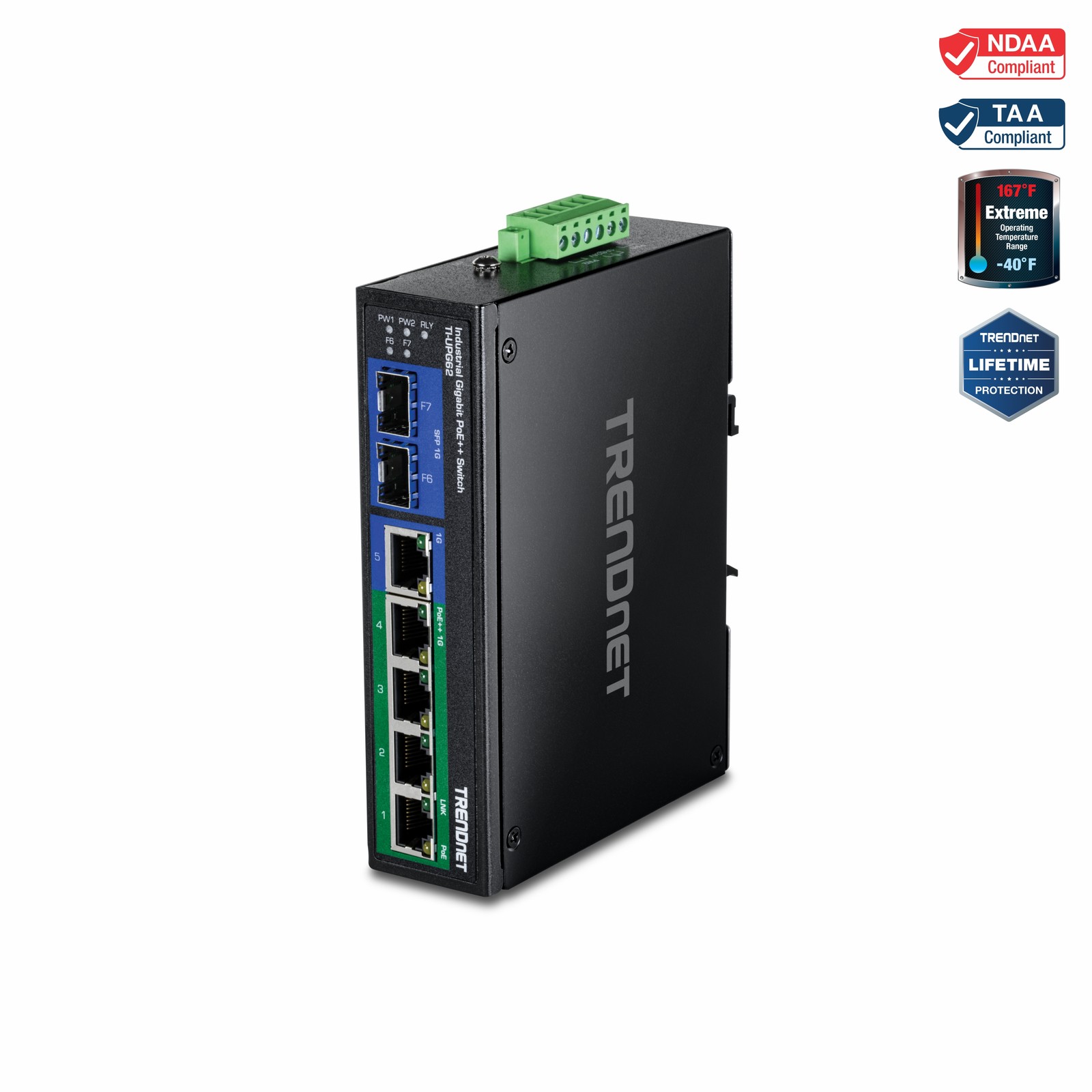 TRENDnet TI-UPG62, 7-Port Industrial Gigabit PoE++ DIN-Rail Switch