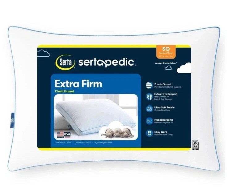 3 pack -Sertapedic Extra Firm Standard/Queen Bed Pillow, Hypoallergenic - 3pc