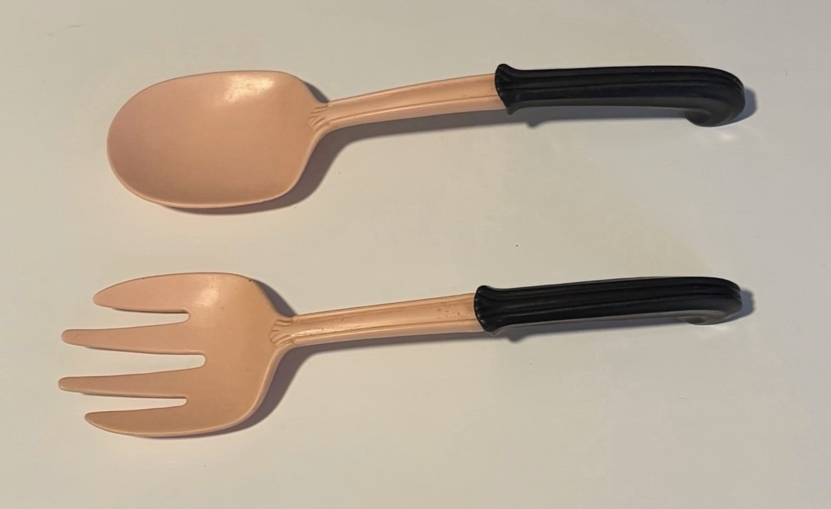 Mid Century Serving Fork & Spoon Pink And Black Could Be Decor