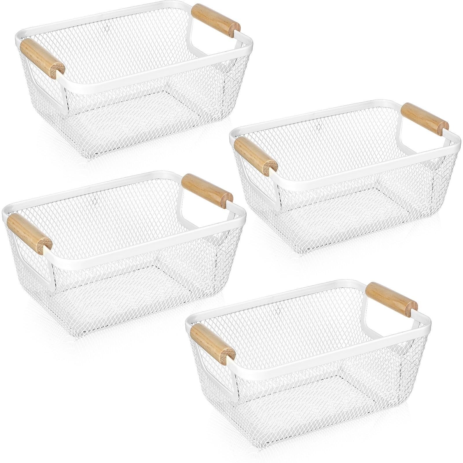 Ziliny 4 Pcs Metal Wire Basket with Wooden Handles Mesh Small, Cream White