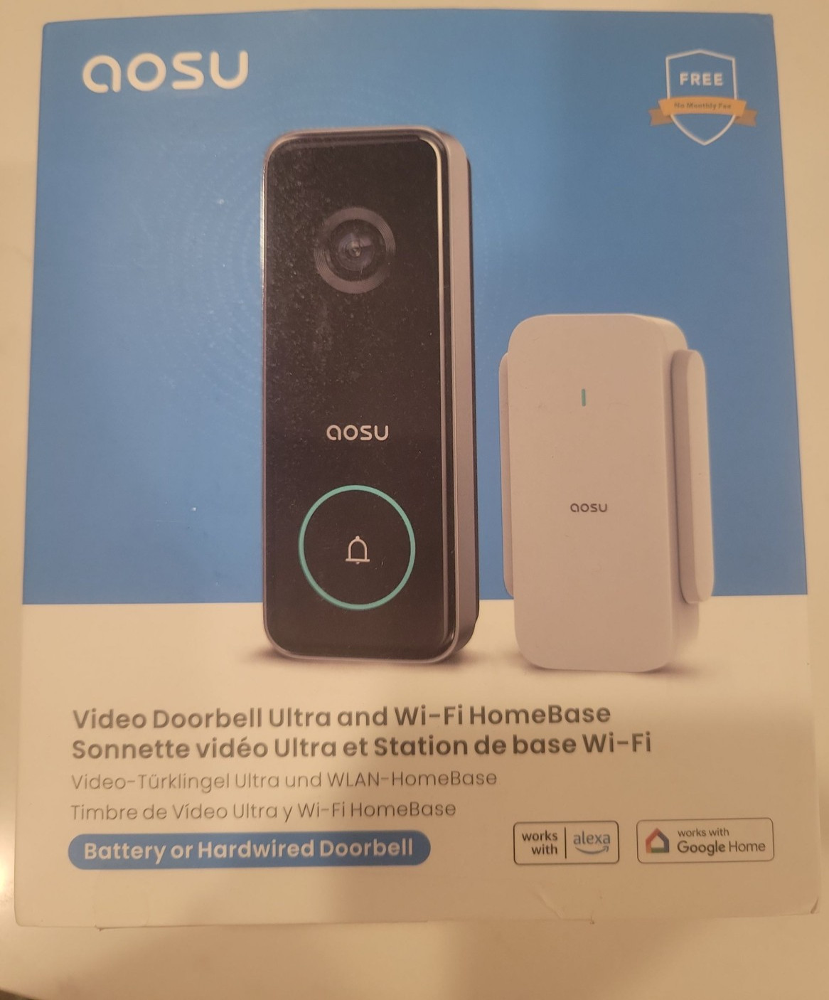 No Monthly Fee! AOSU Video Doorbell Ultra Wi-Fi Battery/Wired Alexa Google Home