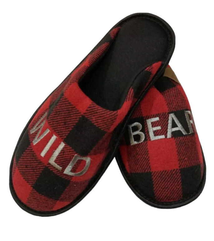 Men’s WILD  Bear Plaid Slippers 7/8 Small New In Bag Indoor & Outdoor Sole